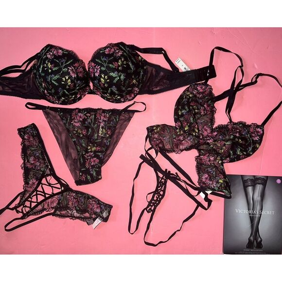 Victoria's Secret 34D,36D,36DD,36DDD BRA SET+L TEDDY BLACK Floral embroidered